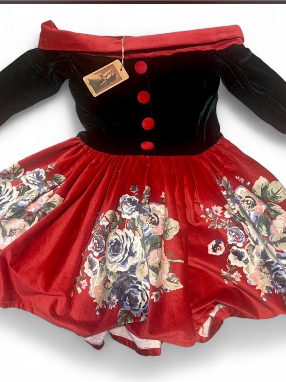 Vintage-Inspired Red Floral Velvet Dress